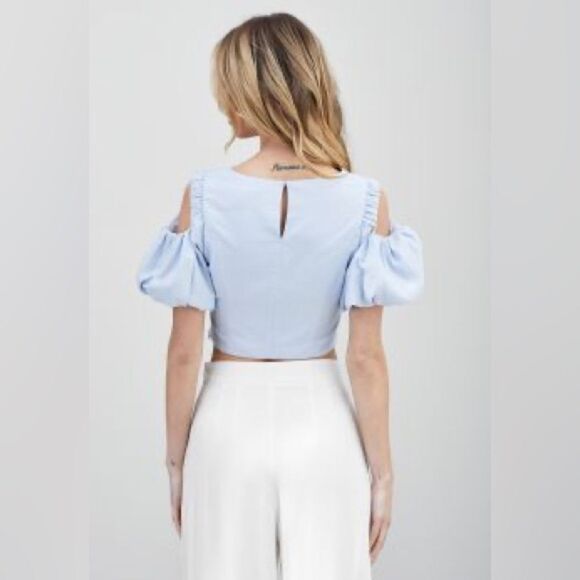 Blue cold shoulder crop top with puff sleeves - Picture 6 of 6